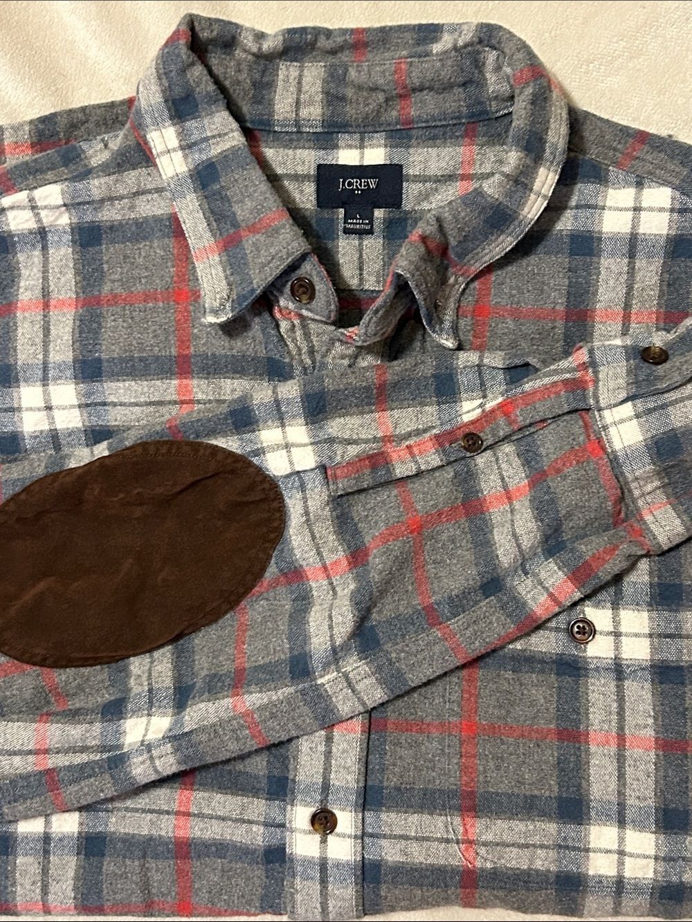 J. Crew Flannel Shirt Mens L Gray Plaid Elbow Patch 100% Cotton Long Sleeve